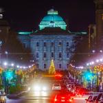 Looking down Fayettville Street at Christmas time with the Capitol