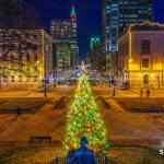 North Carolina State Capitol Christmas tree with downtown Raleigh