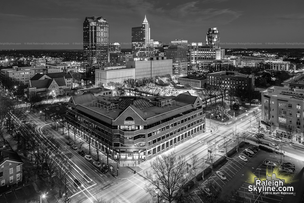 Black and White Raleigh skyline at night