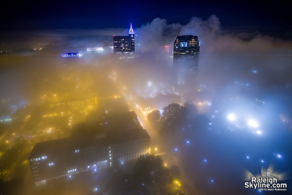 Fog covers the streets of downtown Raleigh