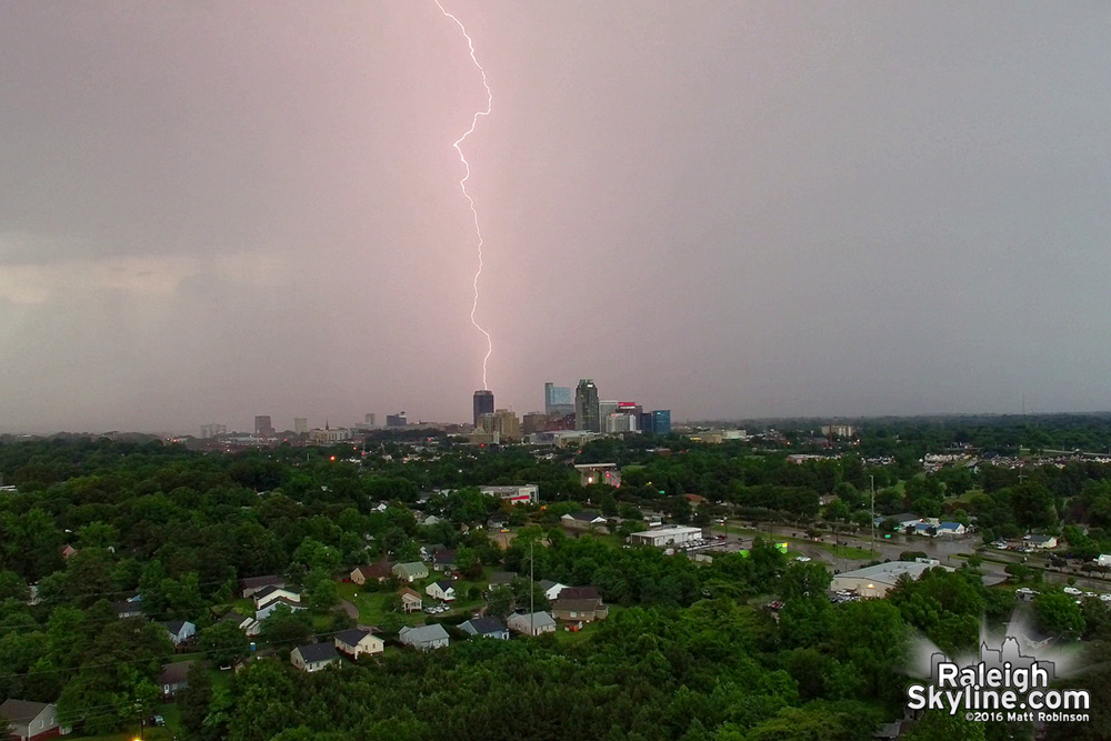 Several thousand foot tall lightning strike over the Raleigh Skyline