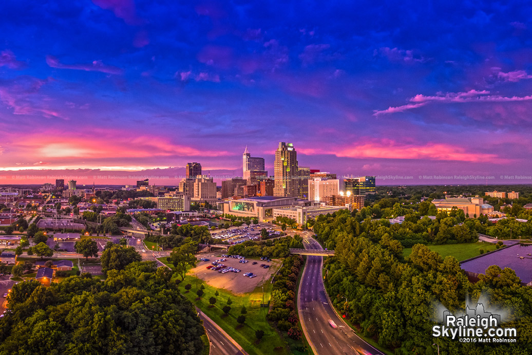 Colorful sunset aerial over downtown Raleigh