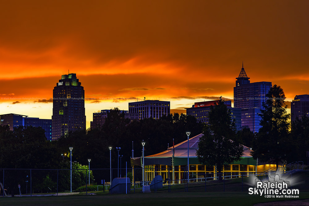 Brilliant Sunset over downtown Raleigh with Chavis Park Carousel 