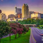 Setting sun with Crape Myrtle trees and the Raleigh Skyline