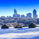 Glassy trees covered in ice with Downtown Raleigh Skyline