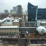 SECU and Downtown Raleigh in light spring snow