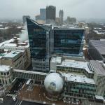 SECU and Downtown Raleigh in light spring snow