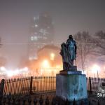 Raleigh fog with George Washington Statue look on Fayetteville Street