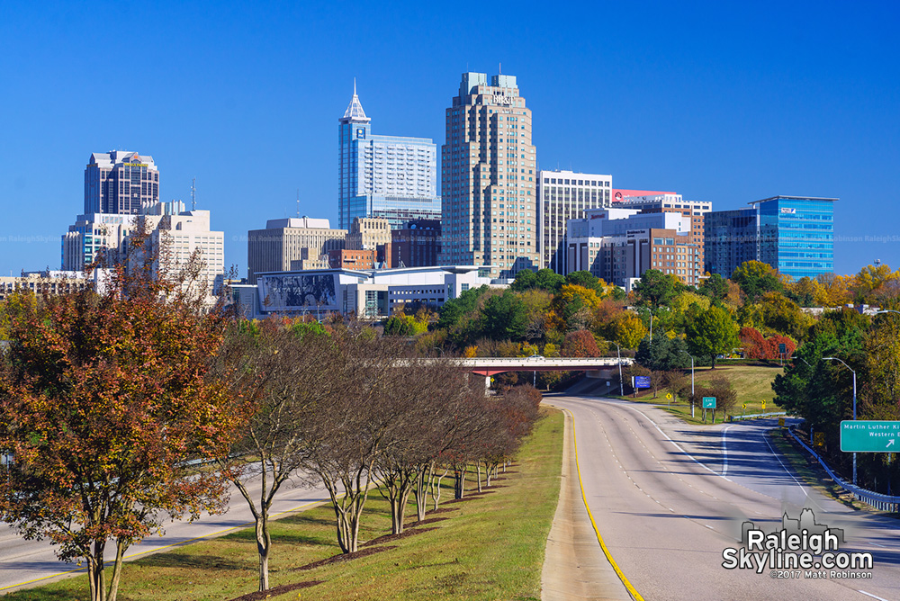Raleigh skyline with fall colors November 2017