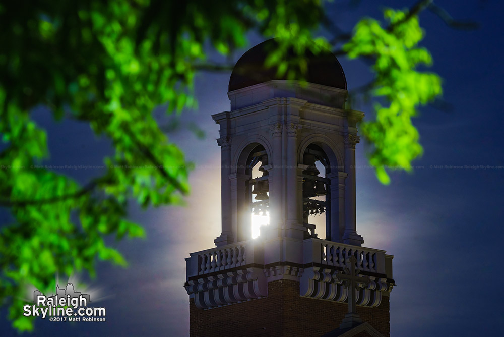 Moonrise behind the new bell tower the the Catholic Diocese of Raleigh 