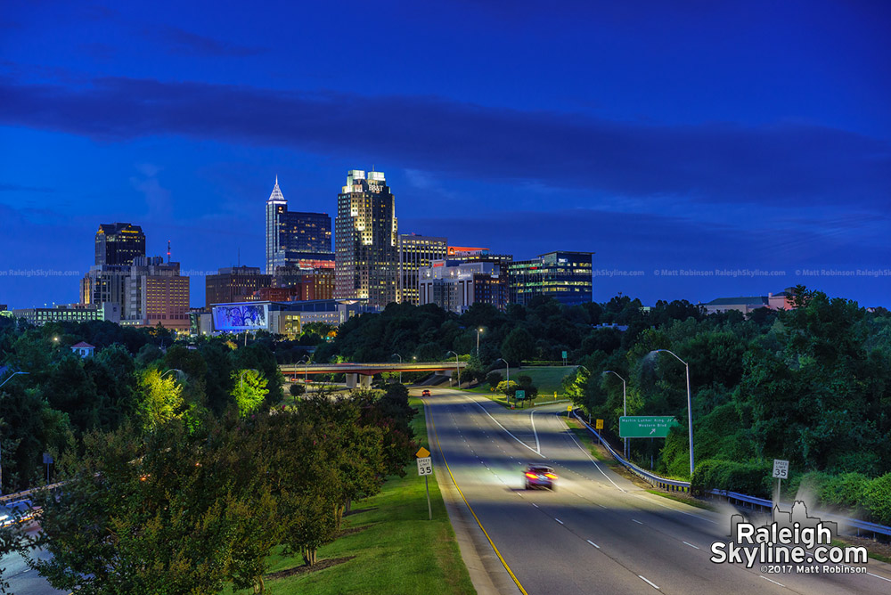 Elevated view nighttime view of Raleigh from South Saunders Street