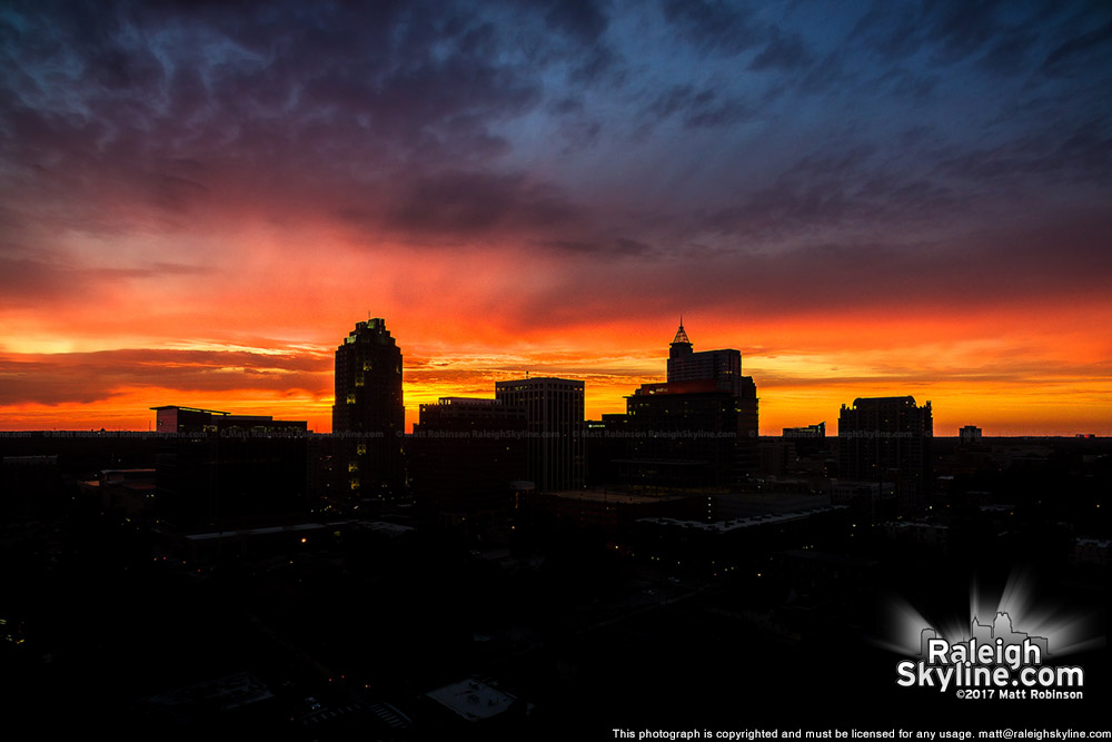 Sunset over downtown Raleigh from the east