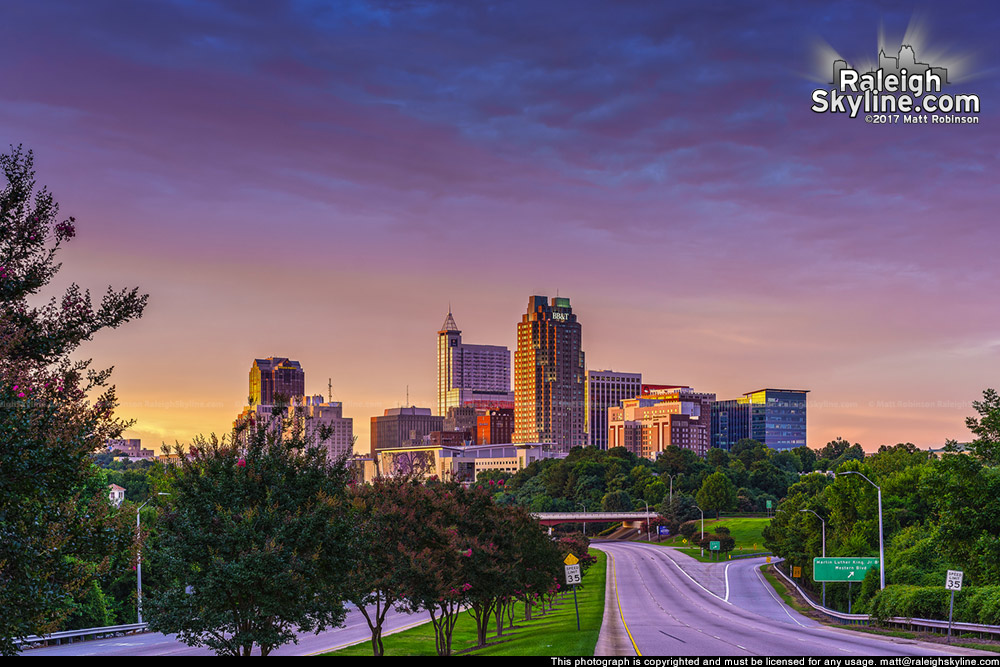 Just before sunset colors with Raleigh skyline