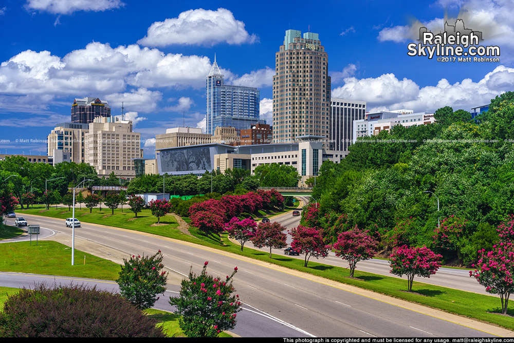 Cumulus clouds over the Raleigh skyline with blooming Crepe Myrtles -Summer 2017