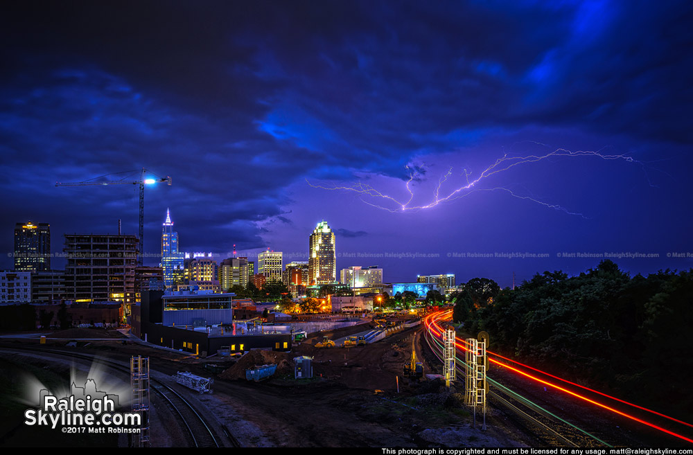 Lightning lights up the sky over Raleigh as Amtrak Piedmont pulls into its last stop for the day.