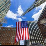 Large American flag over City Plaza and downtown Raleigh on July 4th