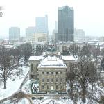 The North Carolina State Capitol and downtown Raleigh during a snowstorm on January 7, 2017