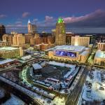 Downtown Raleigh at sundown after snow