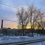 Caraleigh Mills with icy trees at sunset