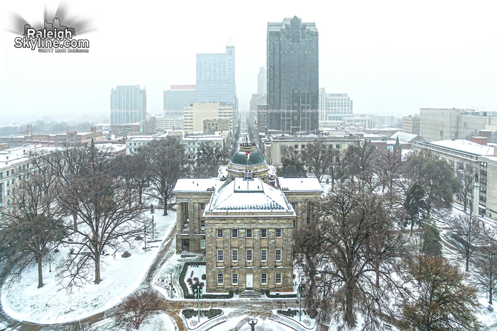 The North Carolina State Capitol and downtown Raleigh during a snowstorm on January 7, 2017