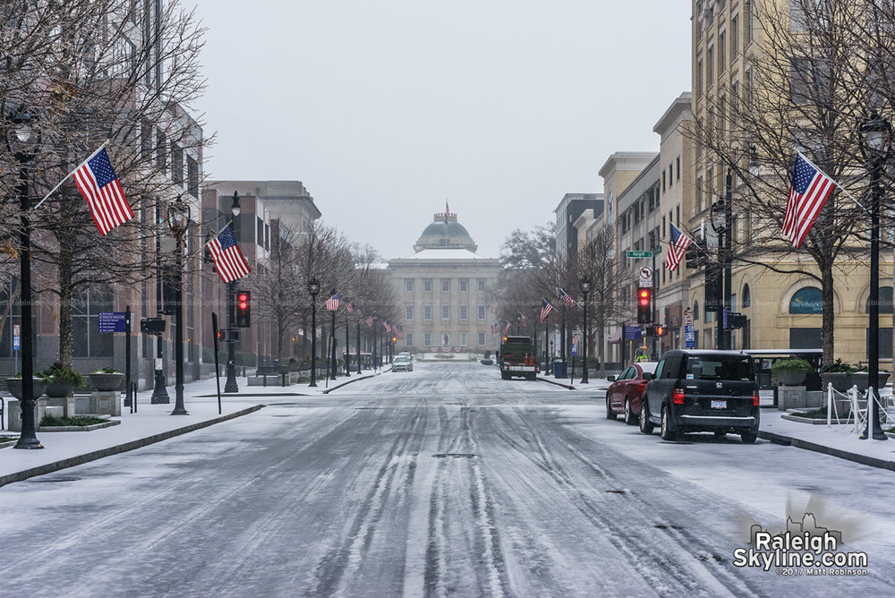 Fayetteville Street looking north during the snowstorm