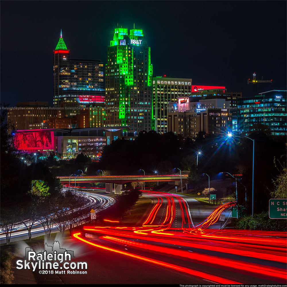 Downtown Raleigh lit up for the Holiday Season