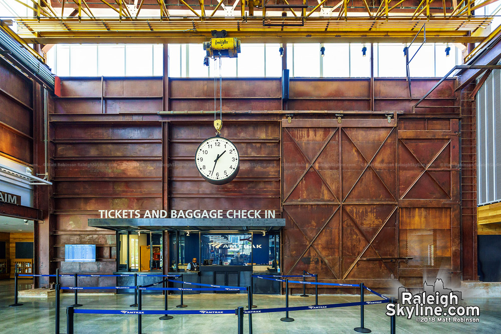 Clock over the ticketing booth at Union Station Raleigh