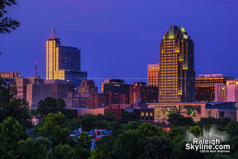 Golden sunset reflection downtown Raleigh at Dorothea Dix