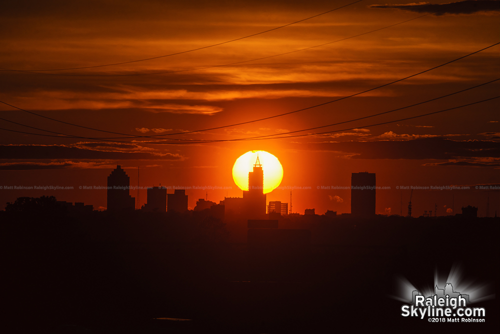 Sun sets directly behind Raleigh skyline from Knightdale