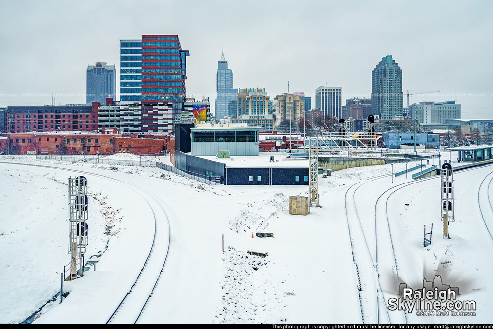 Raleigh skyline in the snow from the Boylan Wye