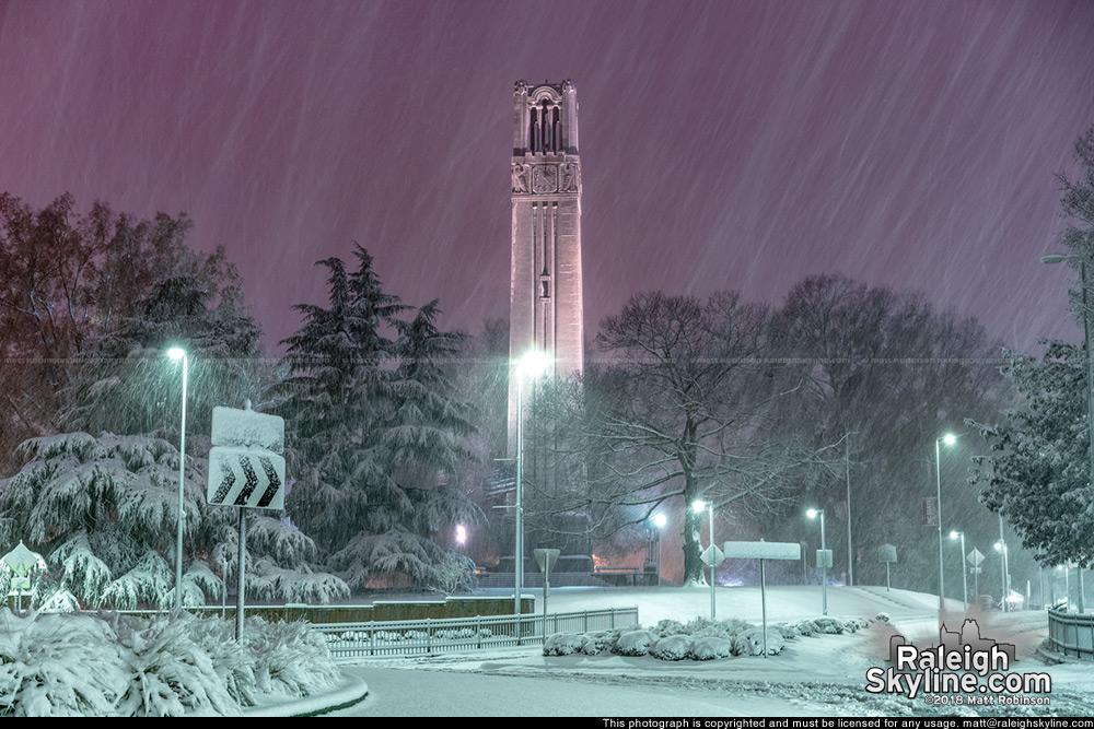 NCSU Bell Tower in the snow at night