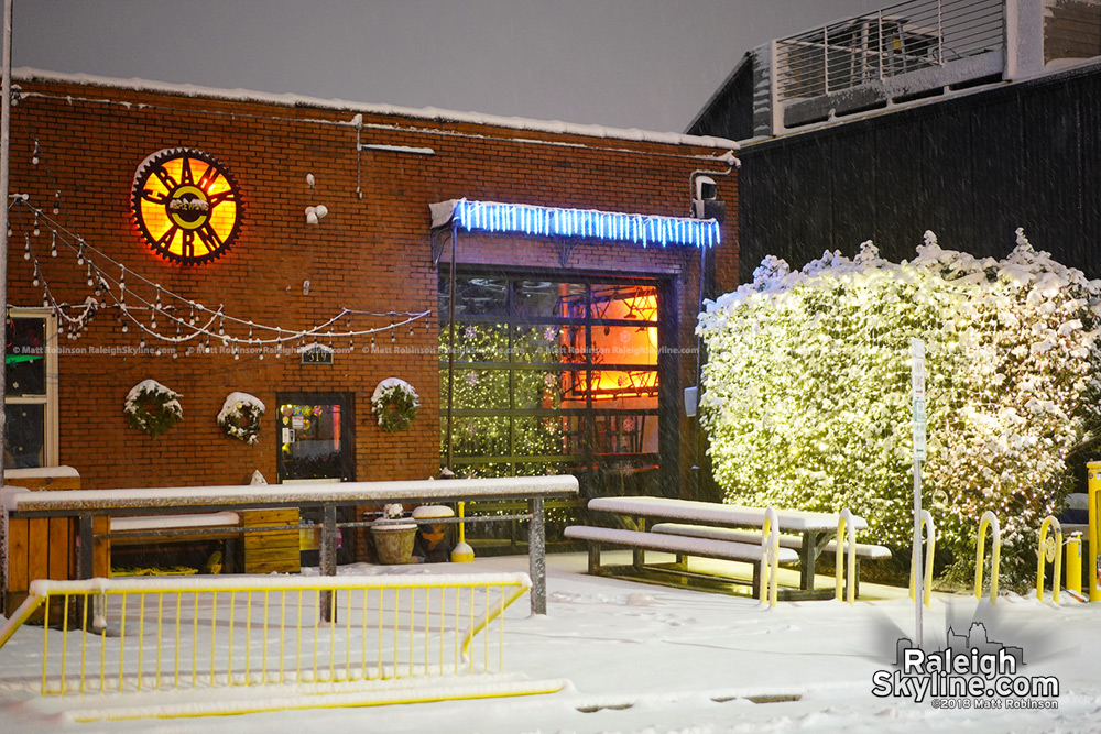 Crank Arm brewery in the snow with Christmas decorations