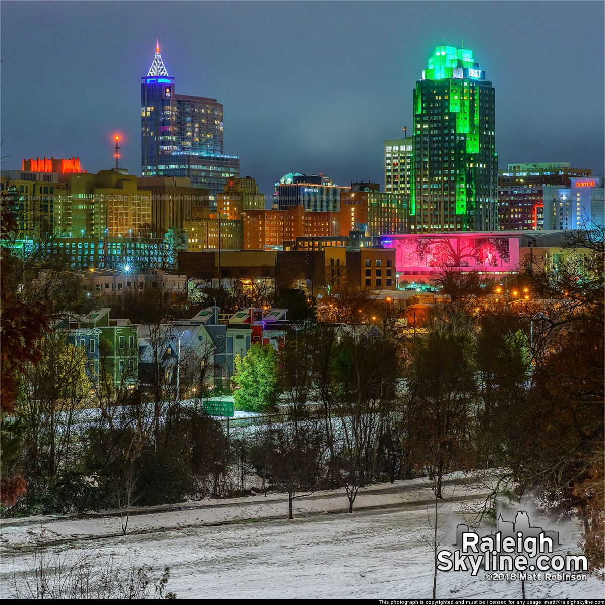 Downtown Raleigh from Dix Hill at night with snow cover