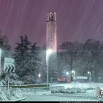 NCSU Bell Tower in the snow at night