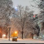 Nash Square at night covered in snow