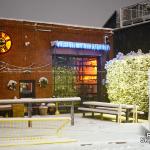 Crank Arm brewery in the snow with Christmas decorations