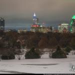 Raleigh Skyline from Dorothea Dix Park at night in the snow