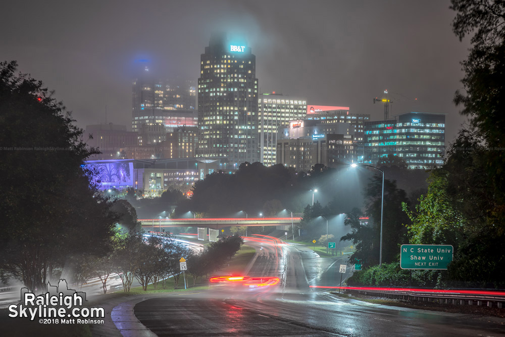 Rainy night Raleigh Skyline