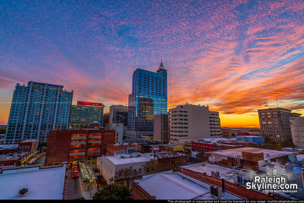 Colorful sunset overlooking downtown Raleigh