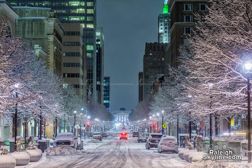 Looking down Fayetteville Street after the snow