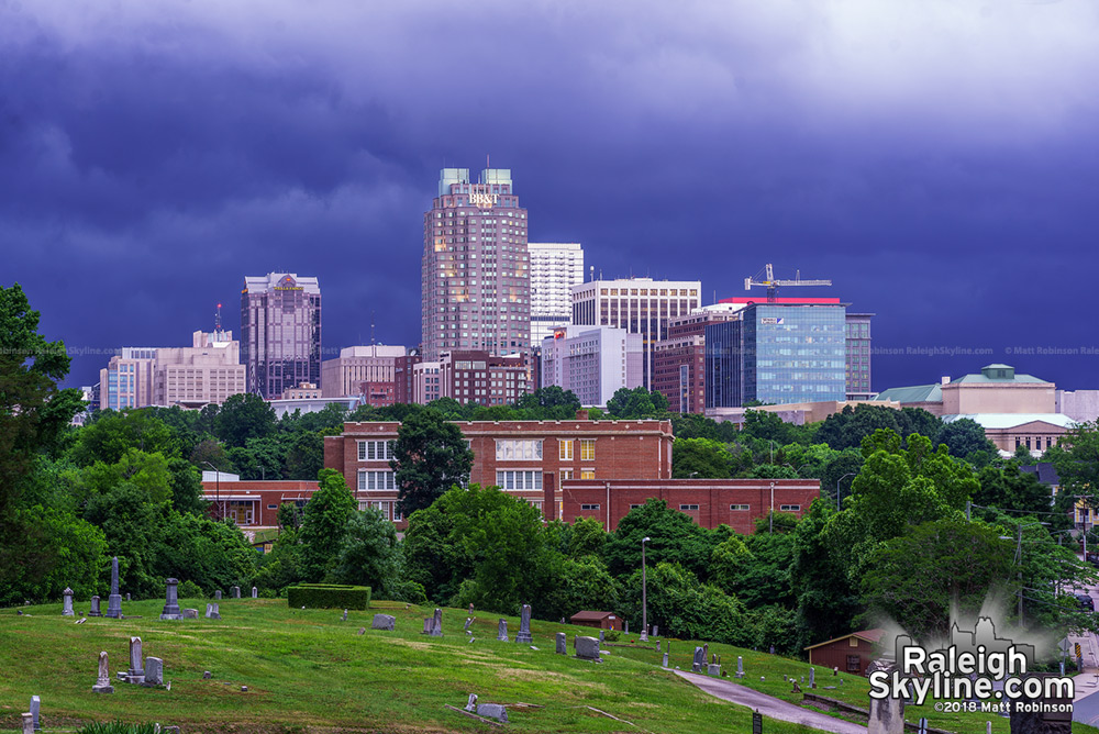 Dark clouds behind Raleigh from Mt. Hope Cemetery 