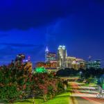 Crepe Myrtles in early bloom with downtown Raleigh skyline at night