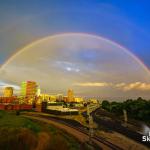 Full double Rainbow over downtown Raleigh skyline