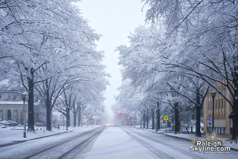 Snowy scene on Hillsborough Street in Raleigh