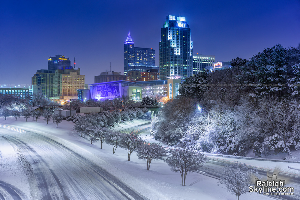 The Great Raleigh Snowstorm of 2018 with downtown Raleigh Skyline 