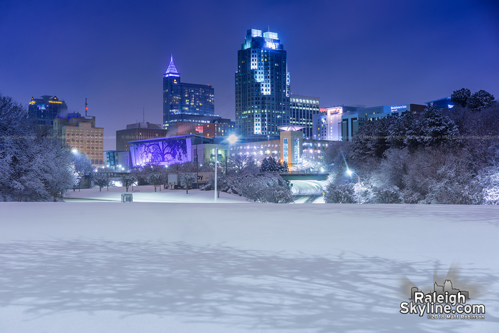 Snow cover with downtown Raleigh