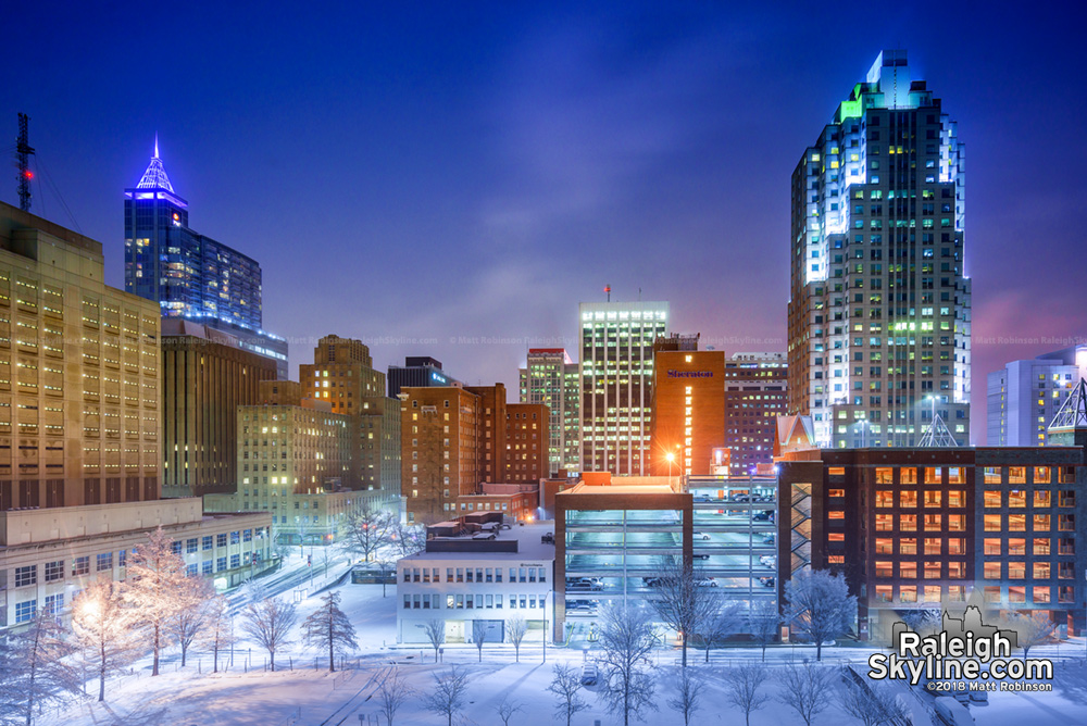 Downtown Raleigh at night after the snowstorm