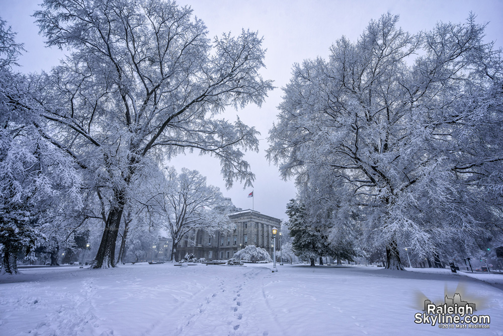 Snow covering the North Carolina State Capitol