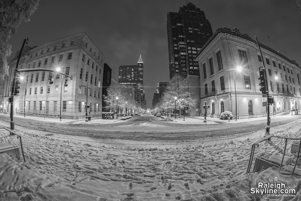 Evening view of Fayetteville Street in Raleigh after the snowstorm.