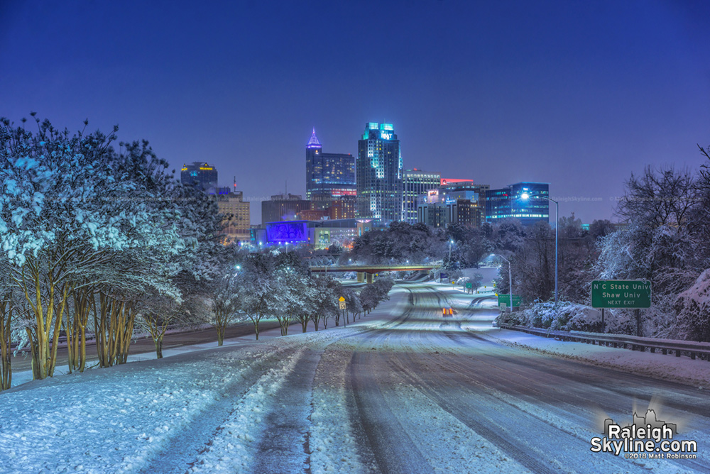 Downtown Raleigh winter wonderland after the snowstorm at night